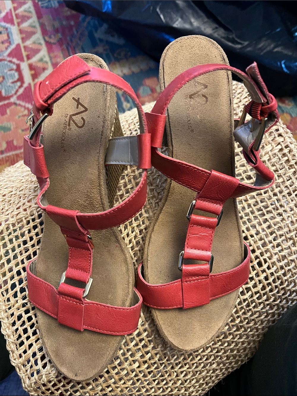 A2 by Aerosoles Red T-Strap Wedge Sandals with Buckle Accents